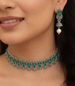 Green oxidised necklace earrings set faux emerald studded festive