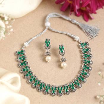 Green oxidised necklace earrings set faux emerald studded festive 2