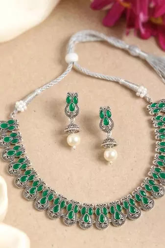 Green oxidised necklace earrings set faux emerald studded festive