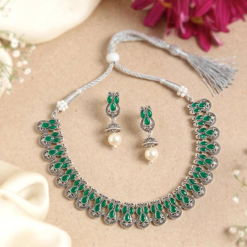 Green oxidised necklace earrings set faux emerald studded festive