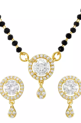 Women's brass golden toned round drop mangalsutra & earring  set