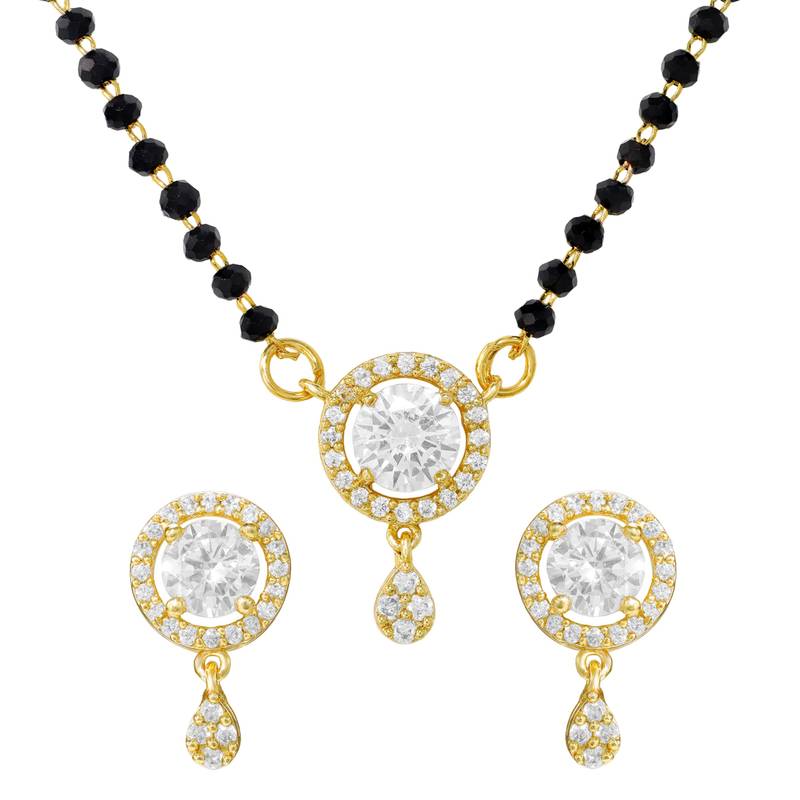 Women's brass golden toned round drop mangalsutra & earring  set