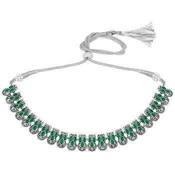 Green oxidised necklace earrings set faux emerald studded festive 3