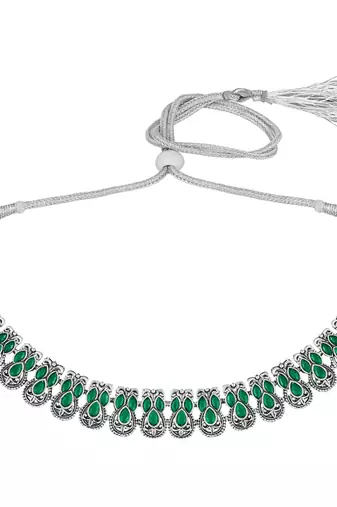 Green oxidised necklace earrings set faux emerald studded festive