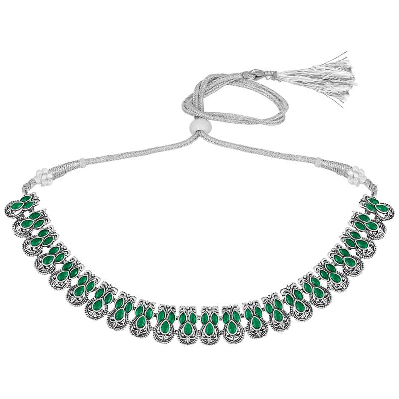 Green oxidised necklace earrings set faux emerald studded festive