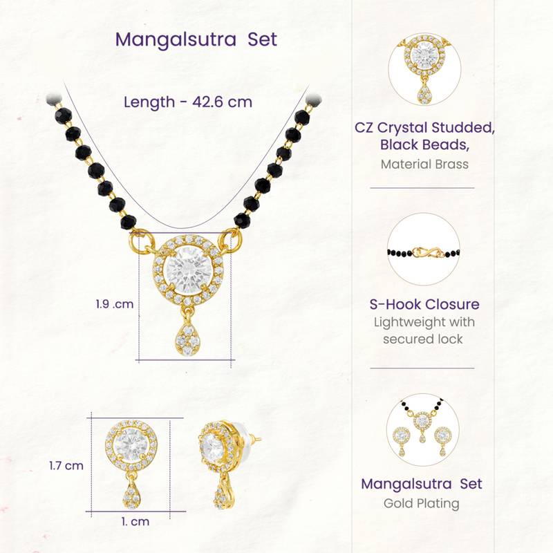 Women's brass golden toned round drop mangalsutra & earring  set