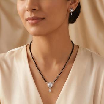 Women's brass silver toned round drop mangalsutra & earring  set 1