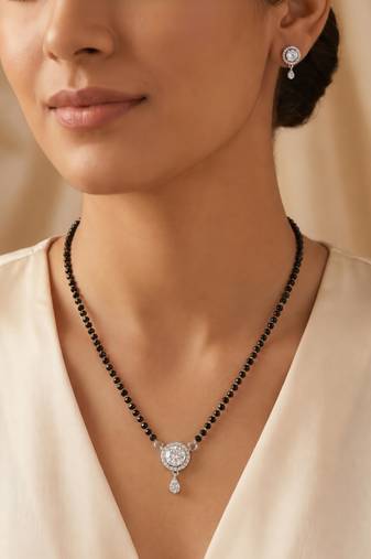 Women's brass silver toned round drop mangalsutra & earring  set