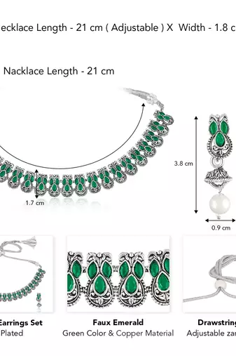 Green oxidised necklace earrings set faux emerald studded festive
