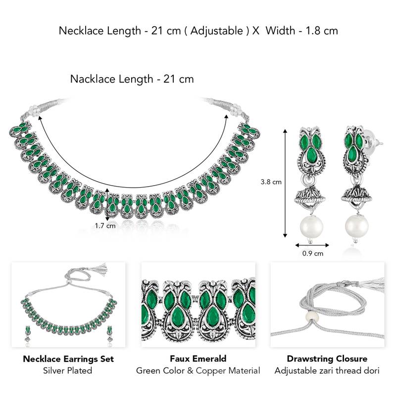Green oxidised necklace earrings set faux emerald studded festive