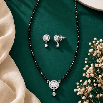 Women's brass silver toned round drop mangalsutra & earring  set 2