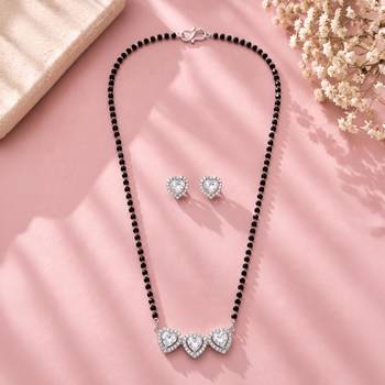 Womens silver toned heart mangalsutra necklace & earrings set 2
