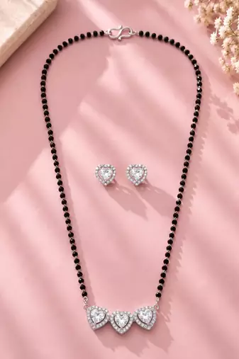 Womens silver toned heart mangalsutra necklace & earrings set