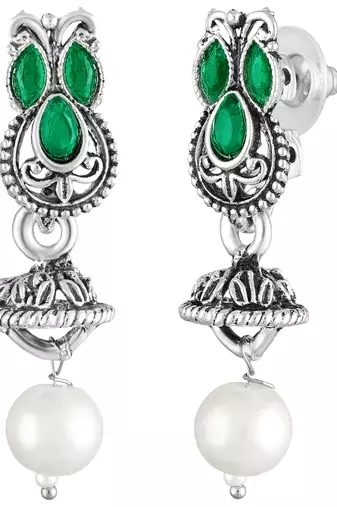 Green oxidised necklace earrings set faux emerald studded festive