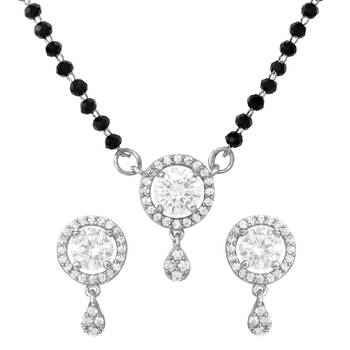 Women's brass silver toned round drop mangalsutra & earring  set 3