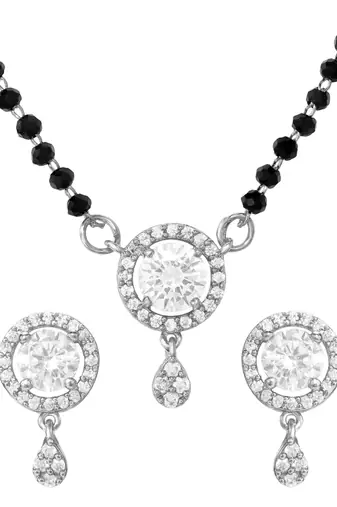 Women's brass silver toned round drop mangalsutra & earring  set