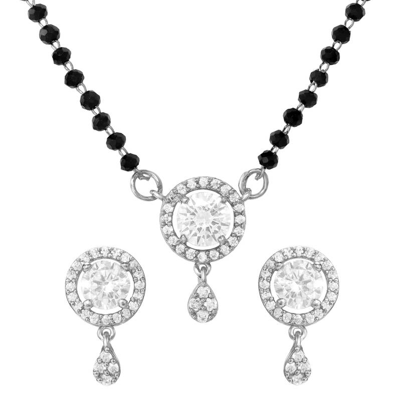 Women's brass silver toned round drop mangalsutra & earring  set
