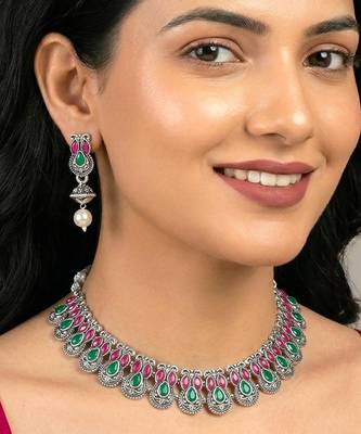 Rani pink green oxidised necklace earrings set faux emerald ruby 1