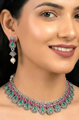 Rani pink green oxidised necklace earrings set faux emerald ruby