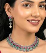 Rani pink green oxidised necklace earrings set faux emerald ruby