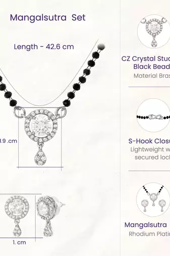 Women's brass silver toned round drop mangalsutra & earring  set