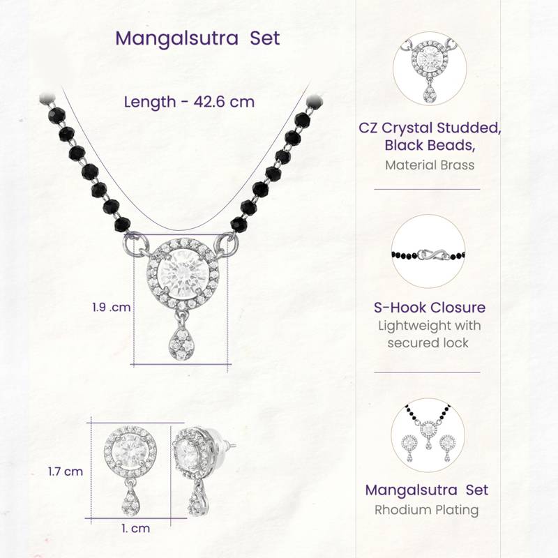 Women's brass silver toned round drop mangalsutra & earring  set