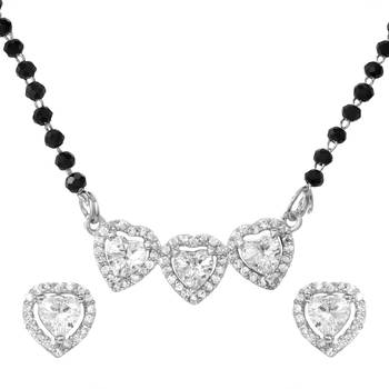 Womens silver toned heart mangalsutra necklace & earrings set 3