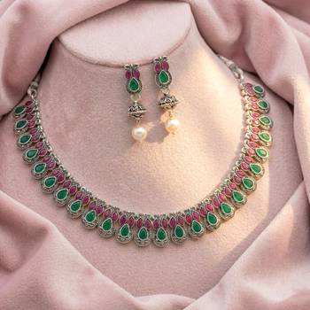 Rani pink green oxidised necklace earrings set faux emerald ruby 2