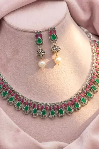 Rani pink green oxidised necklace earrings set faux emerald ruby