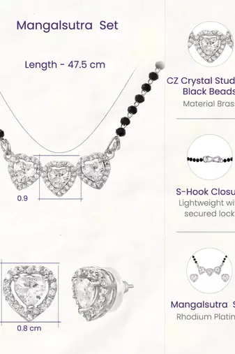 Womens silver toned heart mangalsutra necklace & earrings set