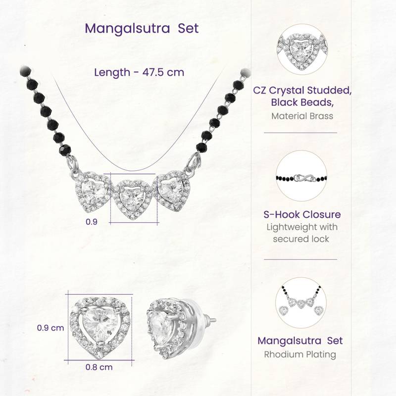 Womens silver toned heart mangalsutra necklace & earrings set