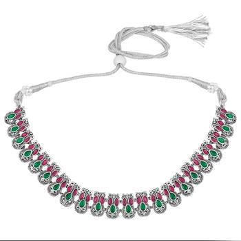 Rani pink green oxidised necklace earrings set faux emerald ruby 3