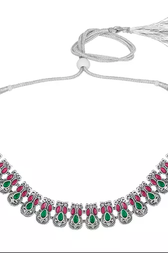 Rani pink green oxidised necklace earrings set faux emerald ruby