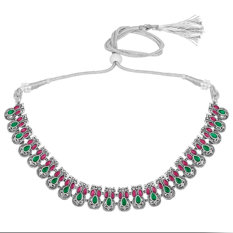 Rani pink green oxidised necklace earrings set faux emerald ruby