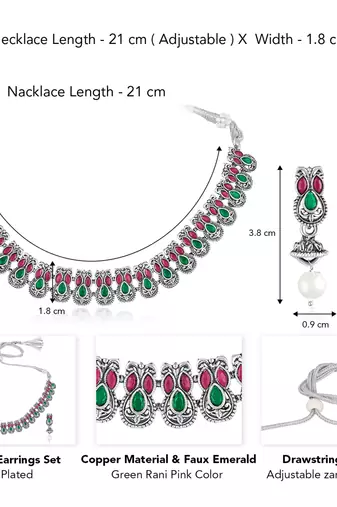 Rani pink green oxidised necklace earrings set faux emerald ruby