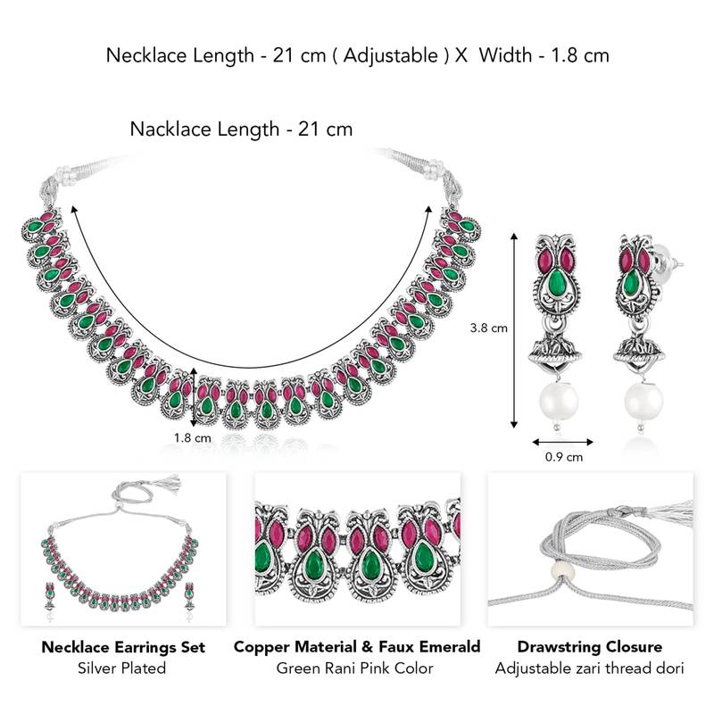 Rani pink green oxidised necklace earrings set faux emerald ruby