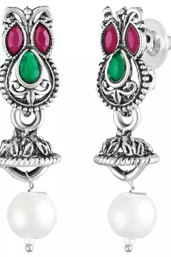 Rani pink green oxidised necklace earrings set faux emerald ruby