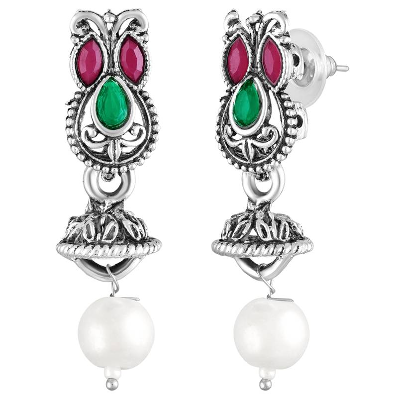 Rani pink green oxidised necklace earrings set faux emerald ruby