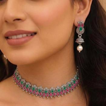 Rani pink green oxidised necklace earrings set faux emerald ruby 1