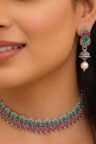 Rani pink green oxidised necklace earrings set faux emerald ruby