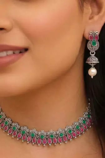 Rani pink green oxidised necklace earrings set faux emerald ruby