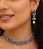 Rani pink green oxidised necklace earrings set faux emerald ruby