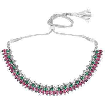 Rani pink green oxidised necklace earrings set faux emerald ruby 2