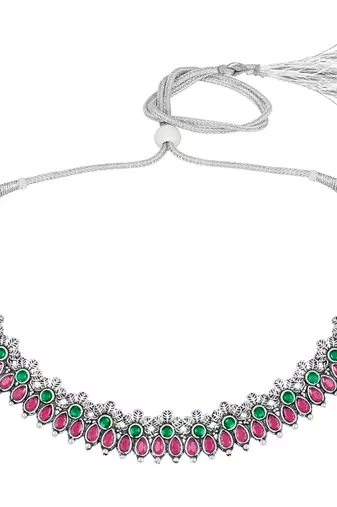 Rani pink green oxidised necklace earrings set faux emerald ruby