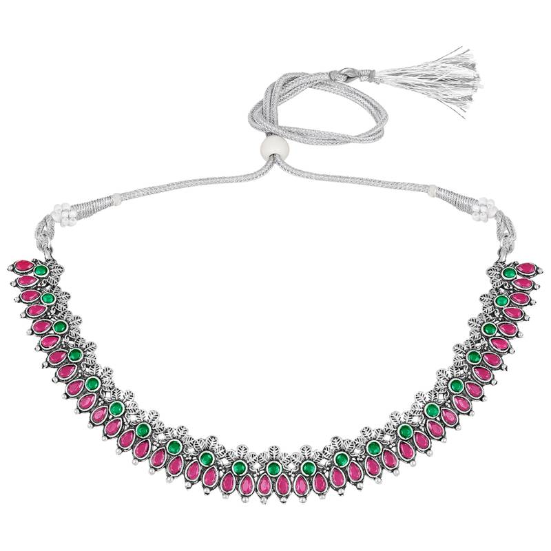 Rani pink green oxidised necklace earrings set faux emerald ruby