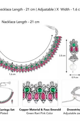 Rani pink green oxidised necklace earrings set faux emerald ruby