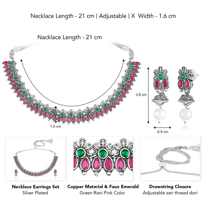 Rani pink green oxidised necklace earrings set faux emerald ruby