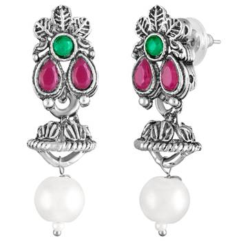 Rani pink green oxidised necklace earrings set faux emerald ruby 4