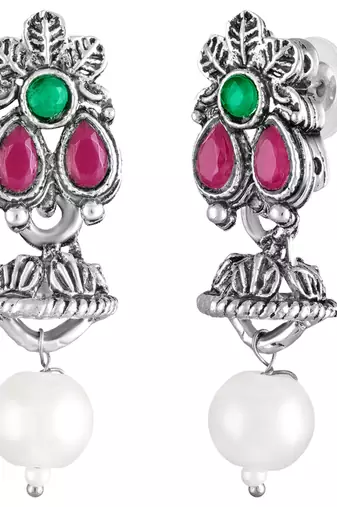 Rani pink green oxidised necklace earrings set faux emerald ruby
