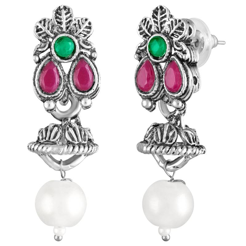Rani pink green oxidised necklace earrings set faux emerald ruby